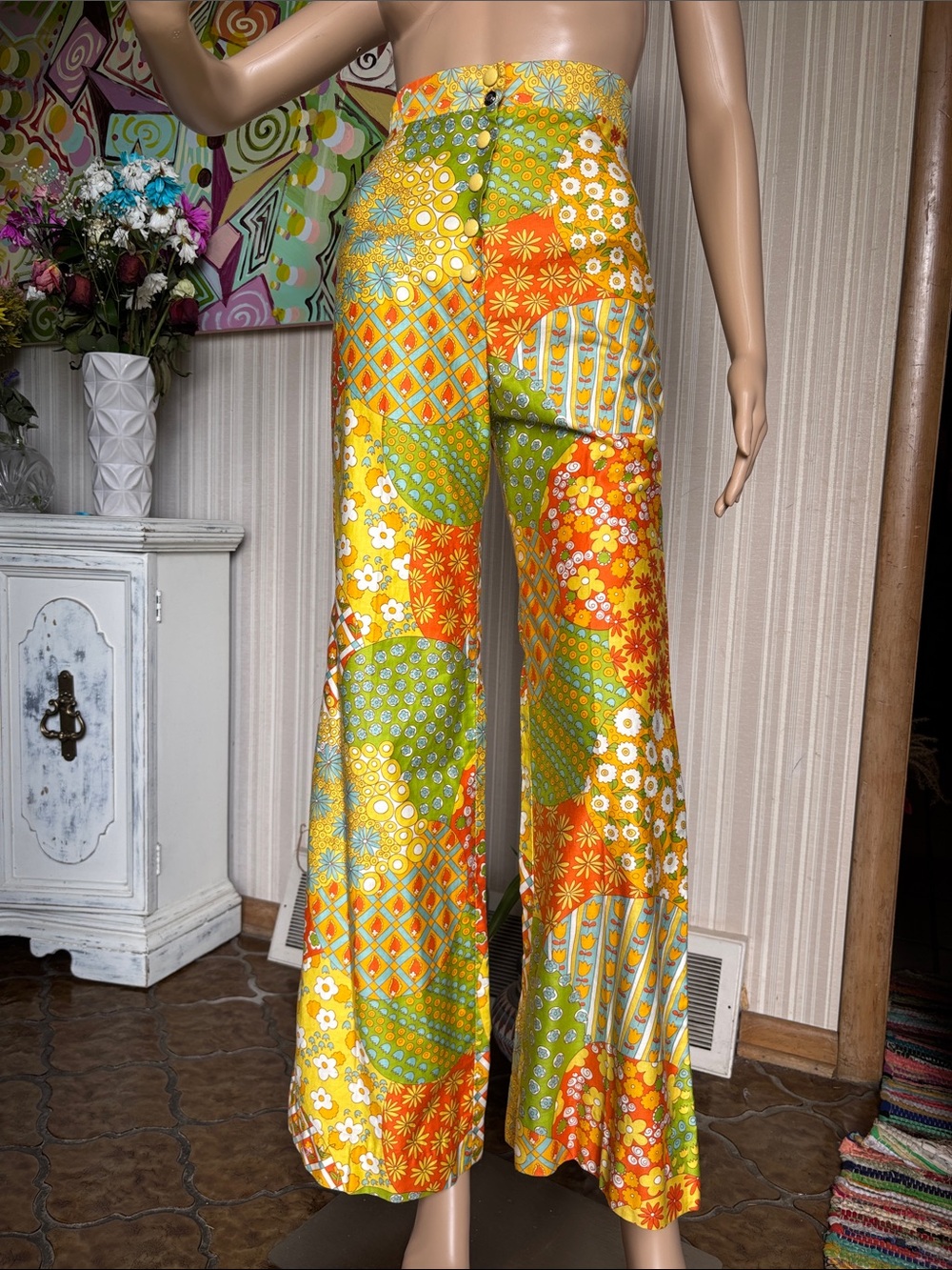 60s 70s Patchwork High-Waist Wide-Leg bell bottom Pants - Yellow/Orange Floral